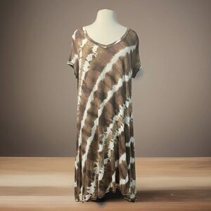 Women’s Cato Brown Tye Dye Short Sleeve V-neck T-shirt Dress Tunic Style Size XL